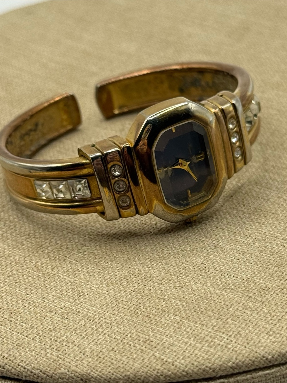 Pierre Jacquard Gold Tone Cuff Watch Rhinestones Metal Band Blue Octagon Dial